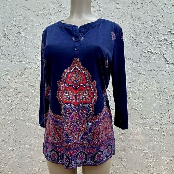 Liz Claiborne Womens Medium Paisley Heritage Tunic Blouse Quarter Sleeve - Picture 11 of 13
